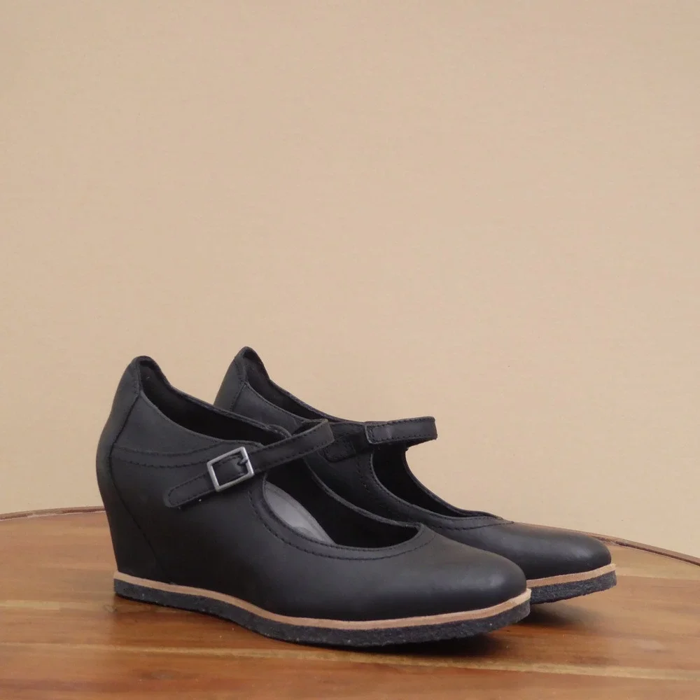 Earth Women Boden Wedge Mary Jane Shoes Black Leather Comfort 8B